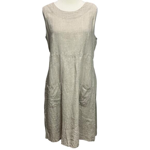 Flax Linen Dress Women S Beige Sleeveless Pockets Back Button Cottage-Tiny Flaws - Picture 1 of 14